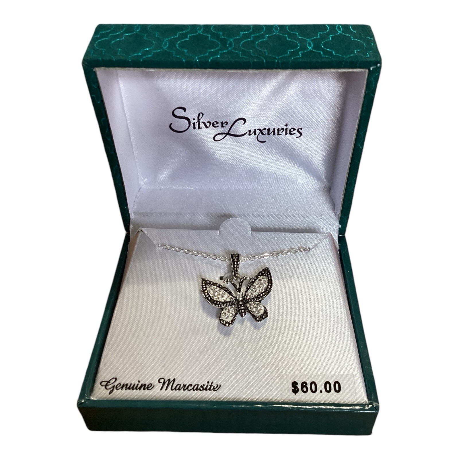 NIB Fine Silver Plated Genuine Marcasite Butterfly Pendant Necklace NEW MSRP $60