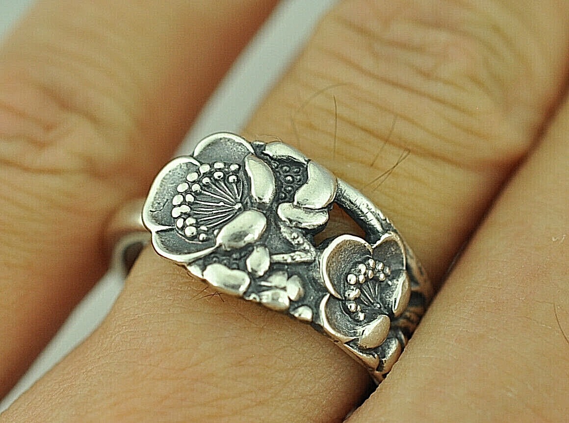 Dainty Solid 950 Sterling Silver Plum Flower Floral Adjustable Spoon Ring