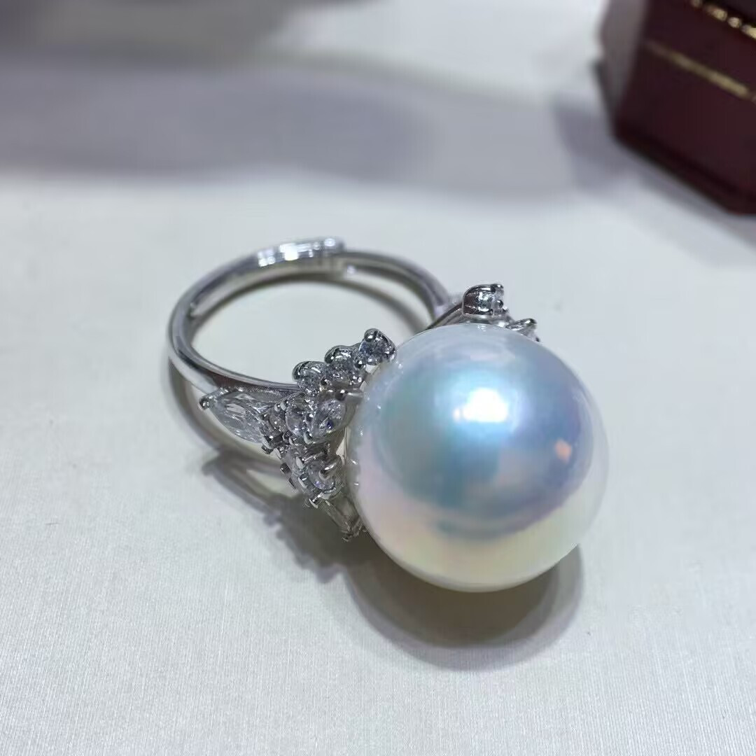 classic huge 14-15mm south sea round white ring 925s(mr)