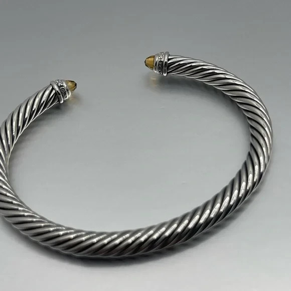 David Yurman Sterling Silver Blue Topaz and Diamonds 5mm Cable Cuff SMALL