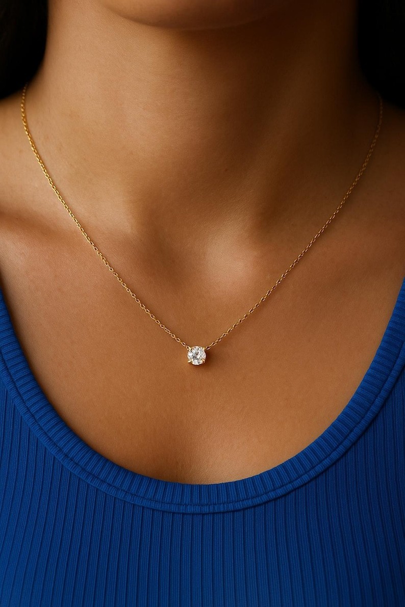 Water Resistant Dainty Necklace Solid Gold Floating Solitaire Minimalist Jewelry