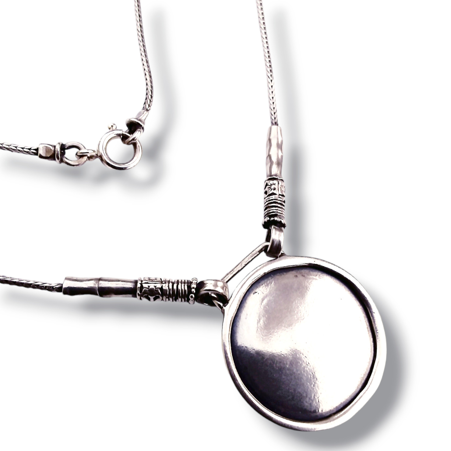 Shablool Didae Sterling Silver Necklace Round Pendant Foxtail Chain 16.5in