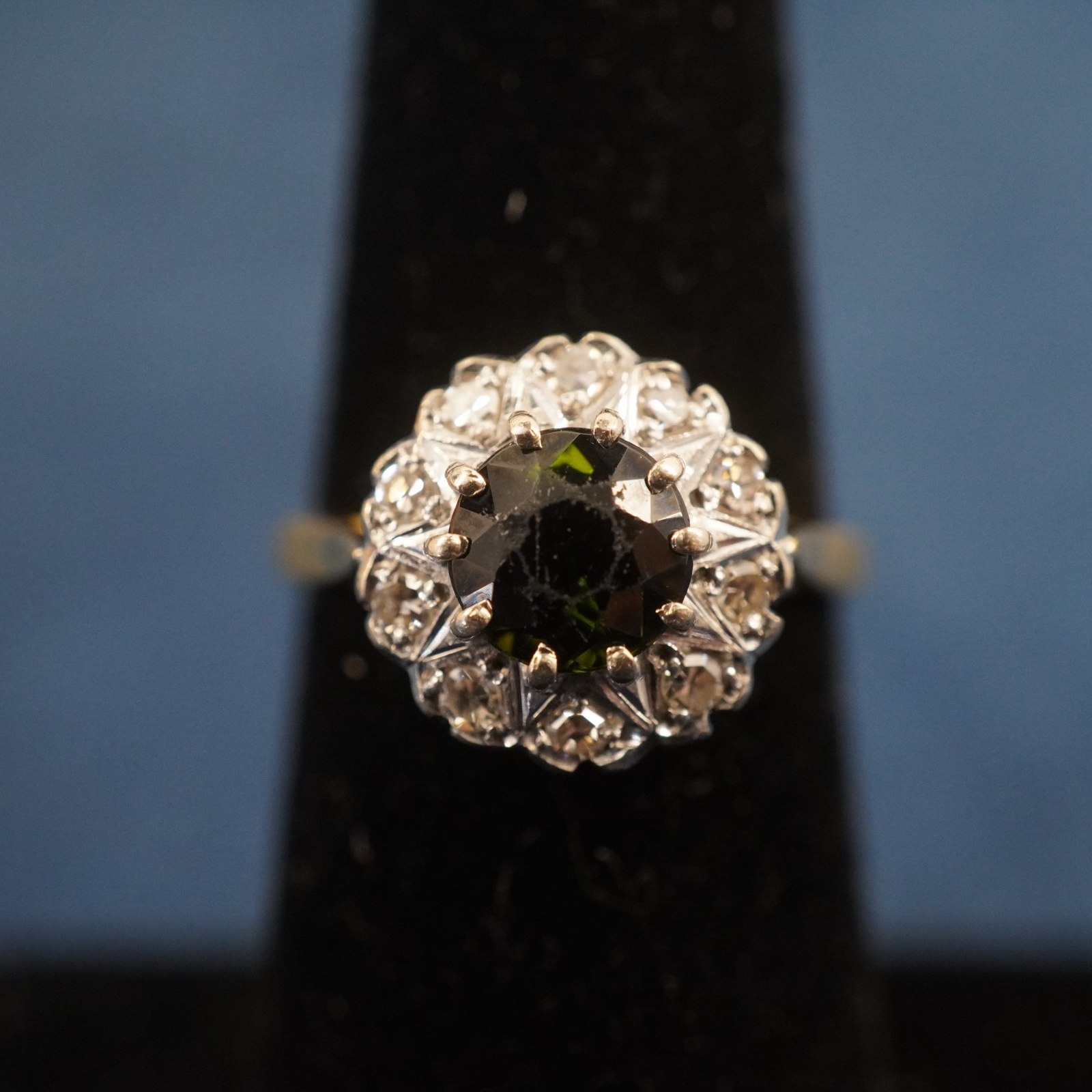 About 1.05ct Green Stone & Diamond Cluster Ring in 18k Gold – Free Shipping USA