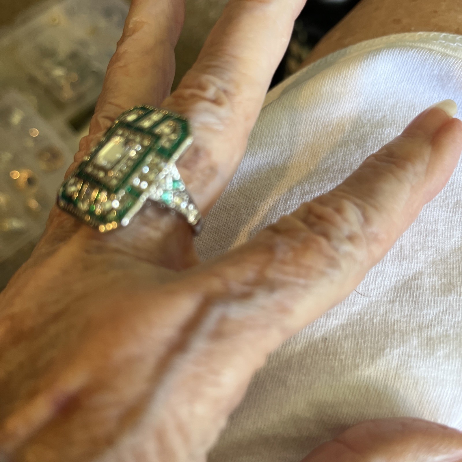 Ring Sz 7. Checkerboard Silver Ring. Green And Clear In Silver