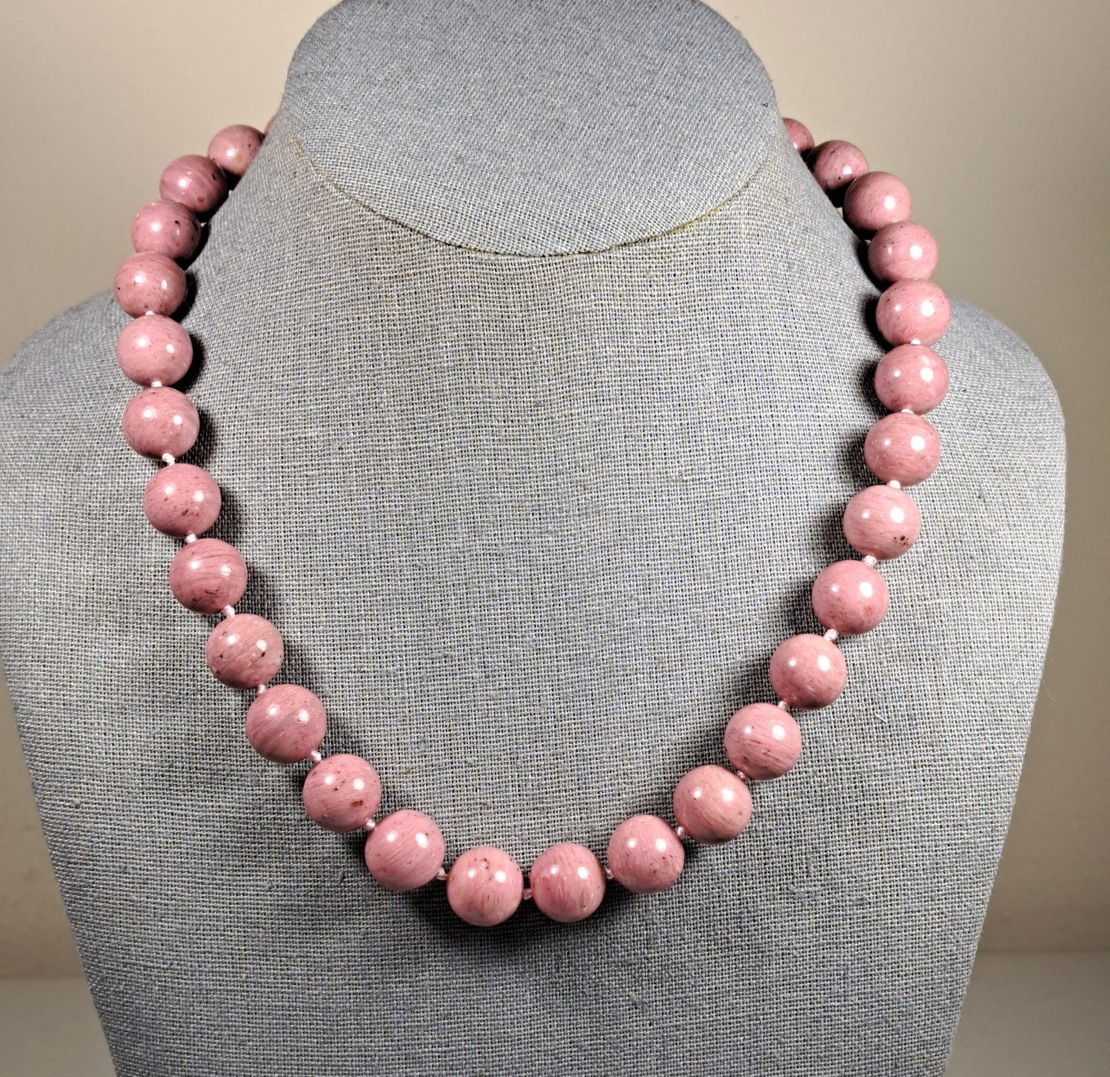 Rhodonite 12 mm Bead Necklace Sterling Silver Magnetic Clasp 18″ w/ Extender NEW