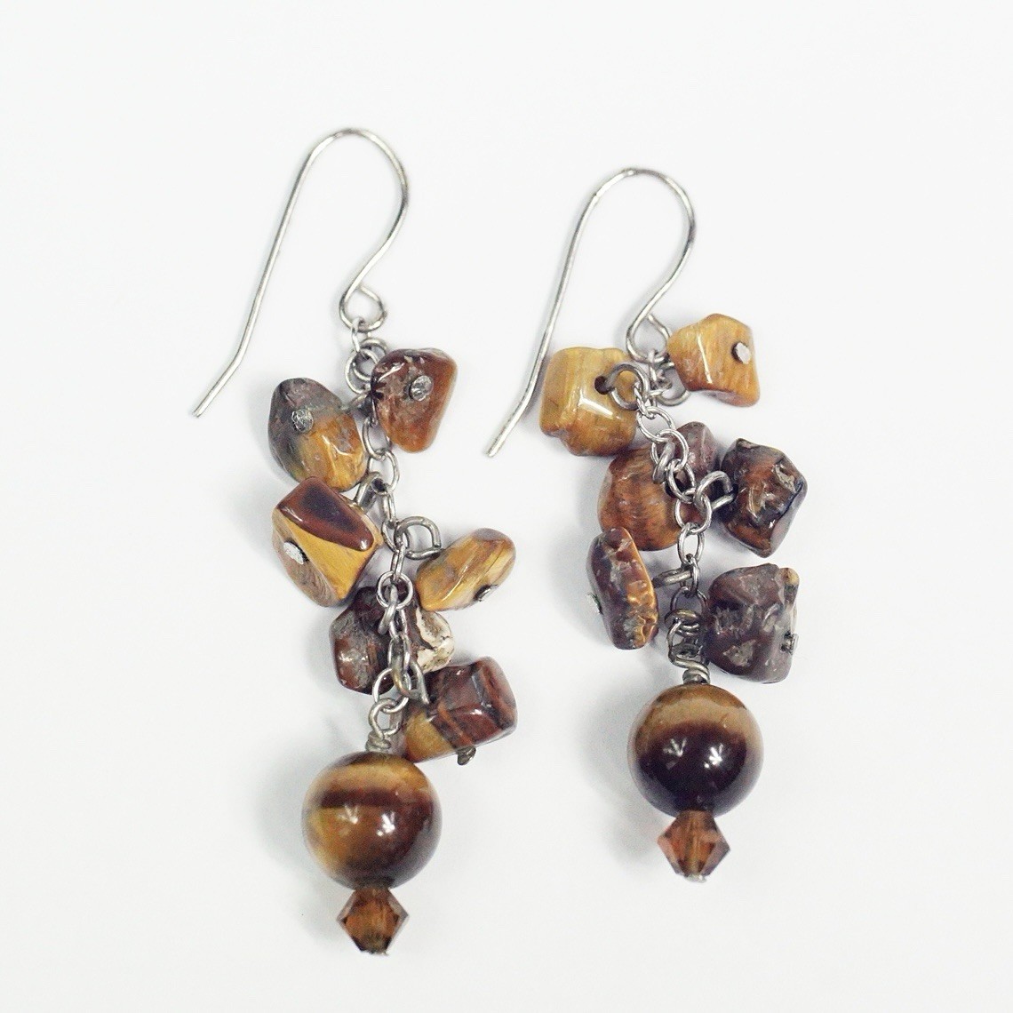 Sterling Silver Hook Drop Dangle Polished Tiger’s Eye Round Bead Chip Earrings