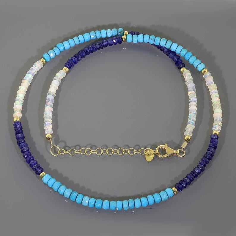 AA+ Turquoise, Opal And Blue Sapphire Beads Necklace In 925 Silver Woman Jewelry