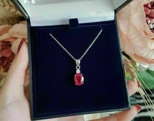 2.00Ct Oval Cut Ruby Solitaire Pendant Necklace 14K White Gold Finish