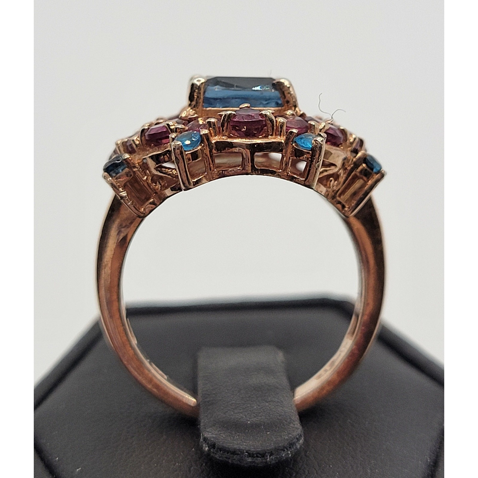 Garnet Blue Topaz Floral Ring Cocktail Rose Gold Sterling 925 Purple Stone
