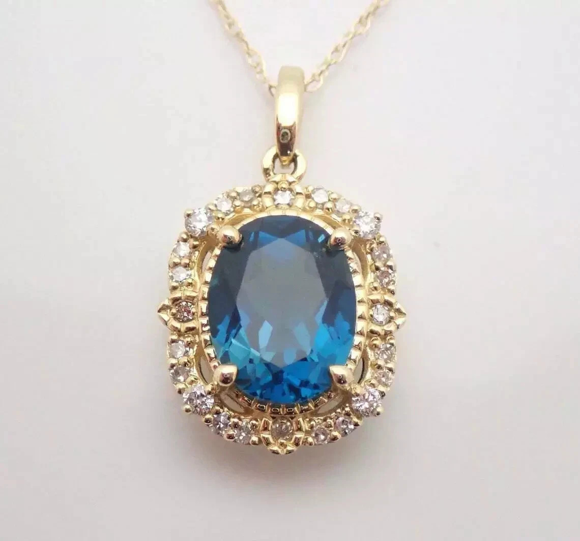 2.20Ct Oval Cut Blue Topaz Halo Pendant Chain Solid 14K Yellow Gold Over