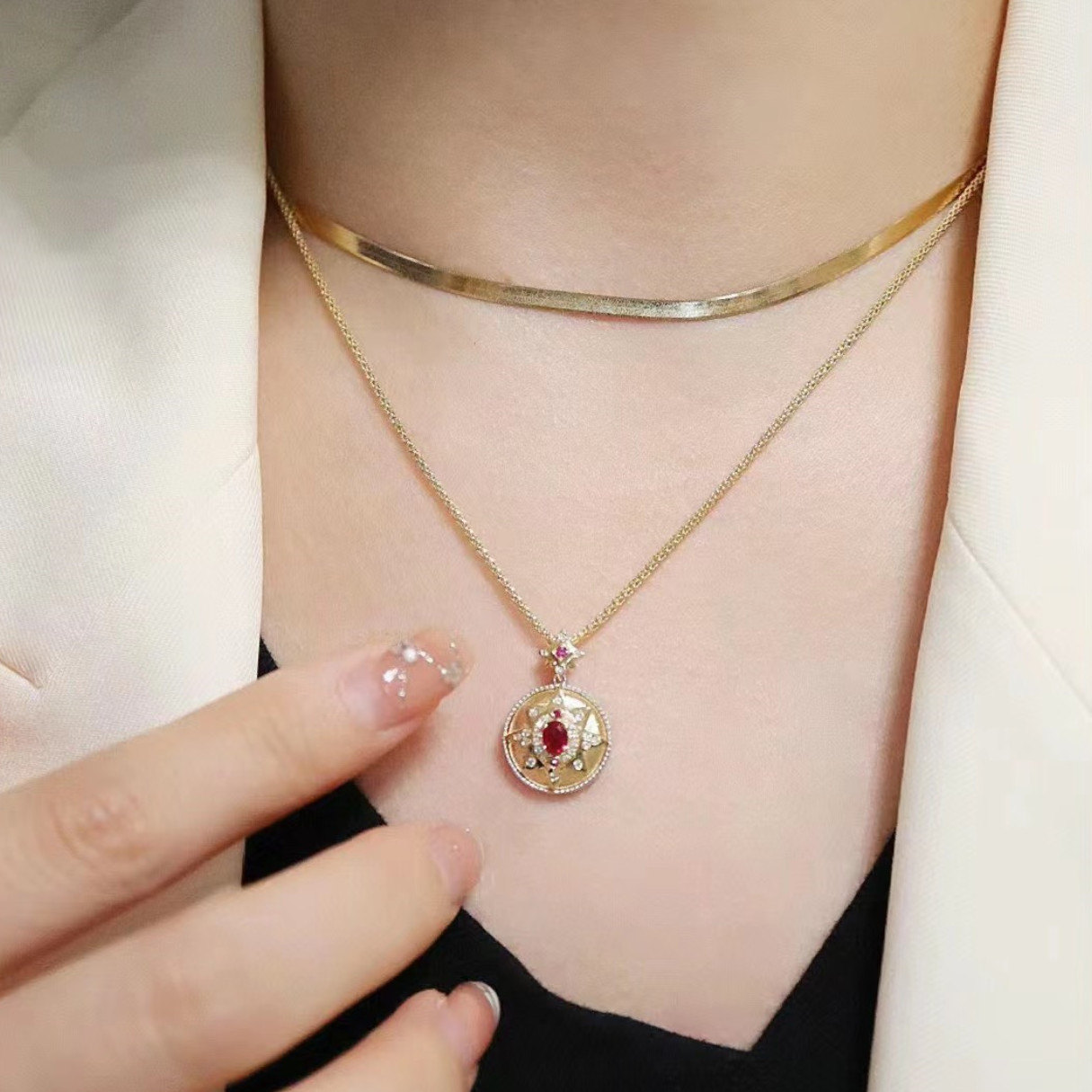 Exotic Charm Asterism Lab Created Ruby Natural Diamond Pendant 14K Yellow Gold