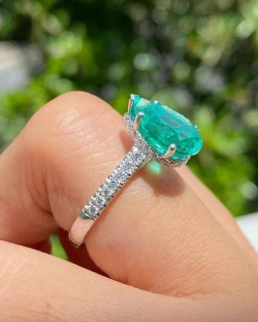 2.50CT Pear Cut Lab-Created Emerald Engagement Ring 14K White Gold Plated