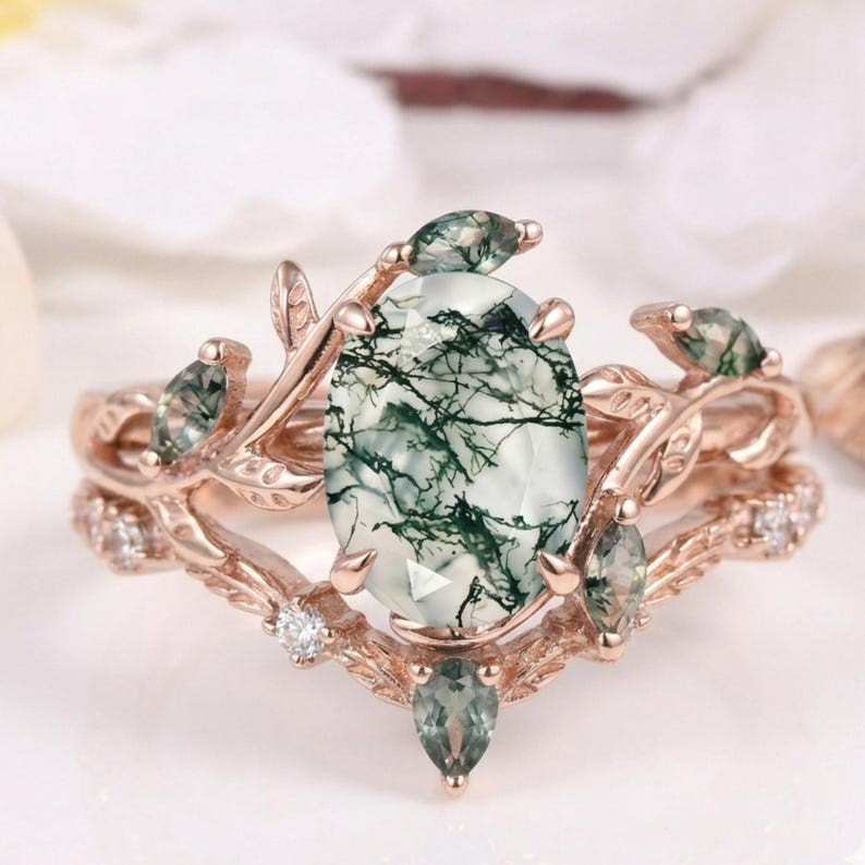 Natural Moss Agate Engagement Ring – Oval Cut Green Leaf Ring | Set For Women