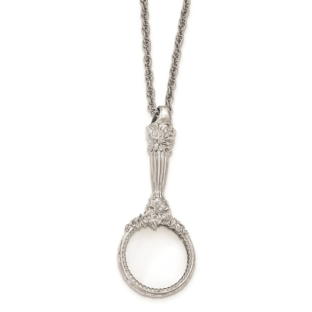 Silver-tone Textured Magnifying Glass Necklace; 30 inch