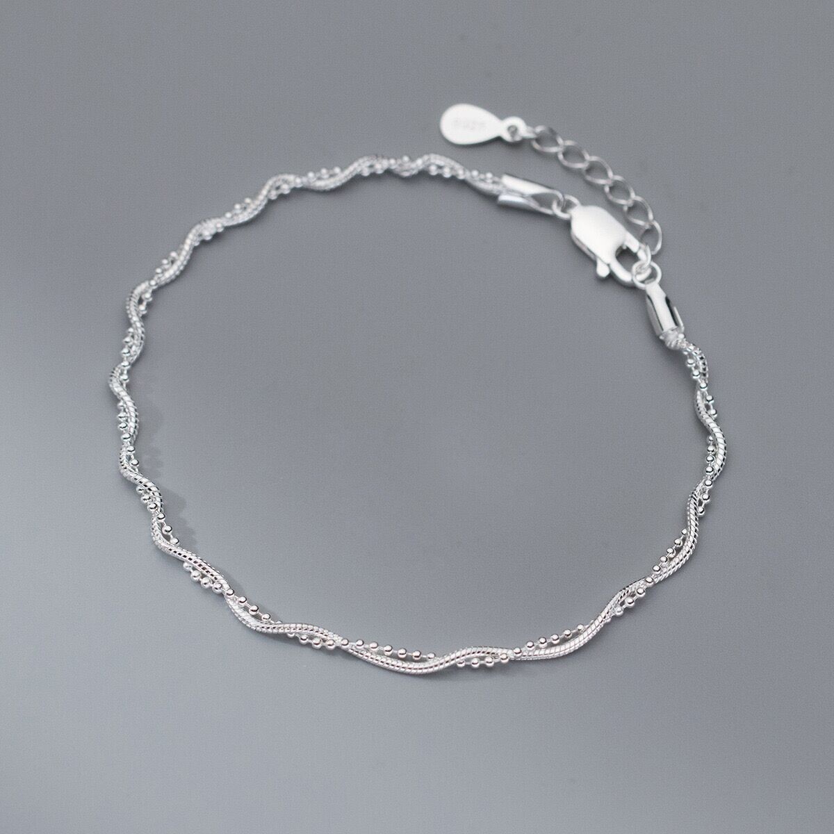Woman Real S925 Sterling Silver Beaded Snake Rope Twisted Chain Bracelet Bangle