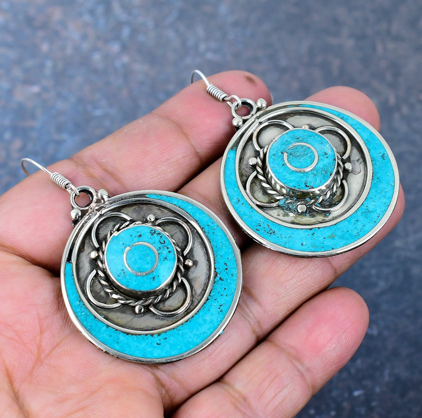 Tibetan Turquoise Gemstone Handmade Earrings 925 Sterling Silver Nepali Jewelry