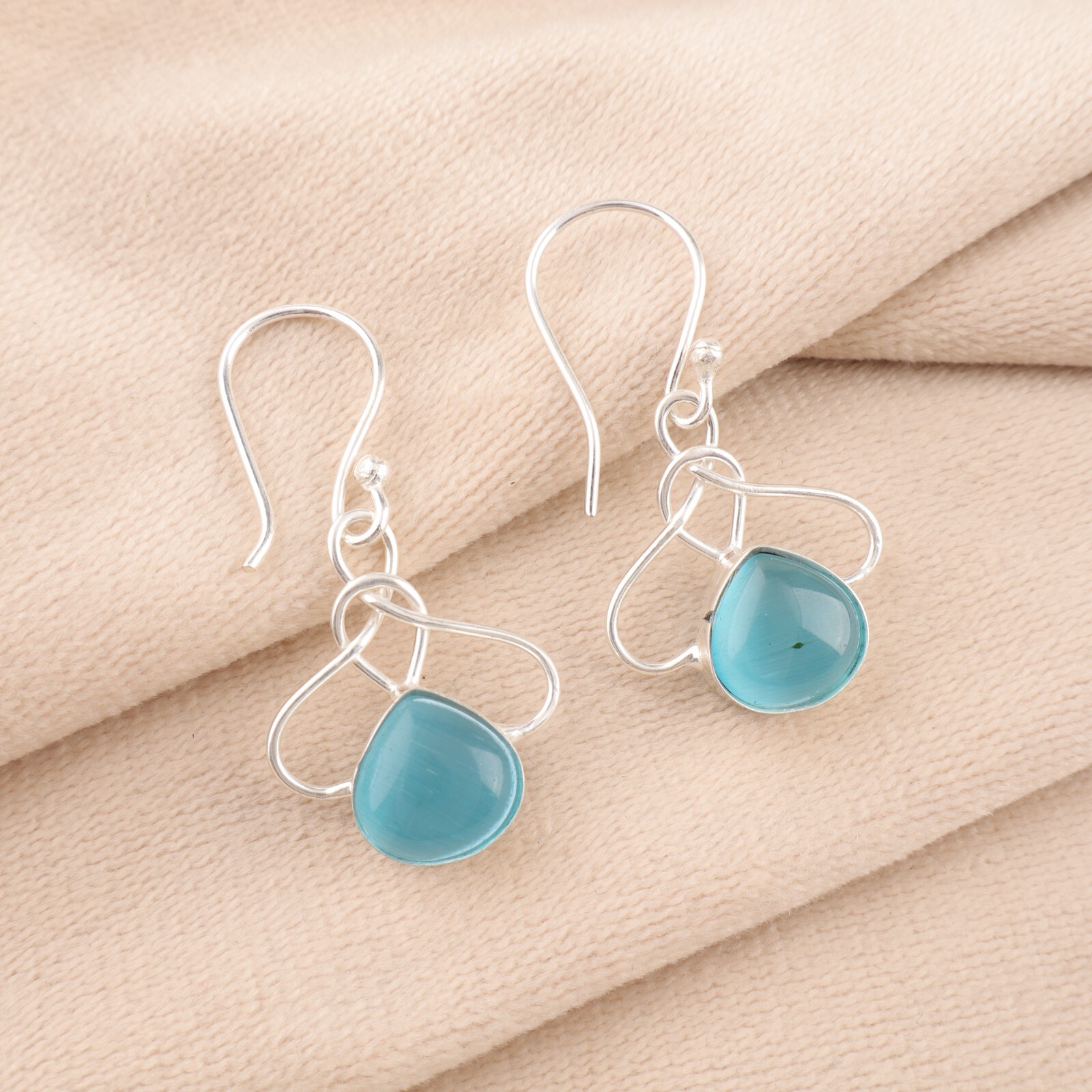 Blue Cat’s Eye Gemstone 925 Stamped Silver Jewelry Handmade Hook Earrings 1.50″