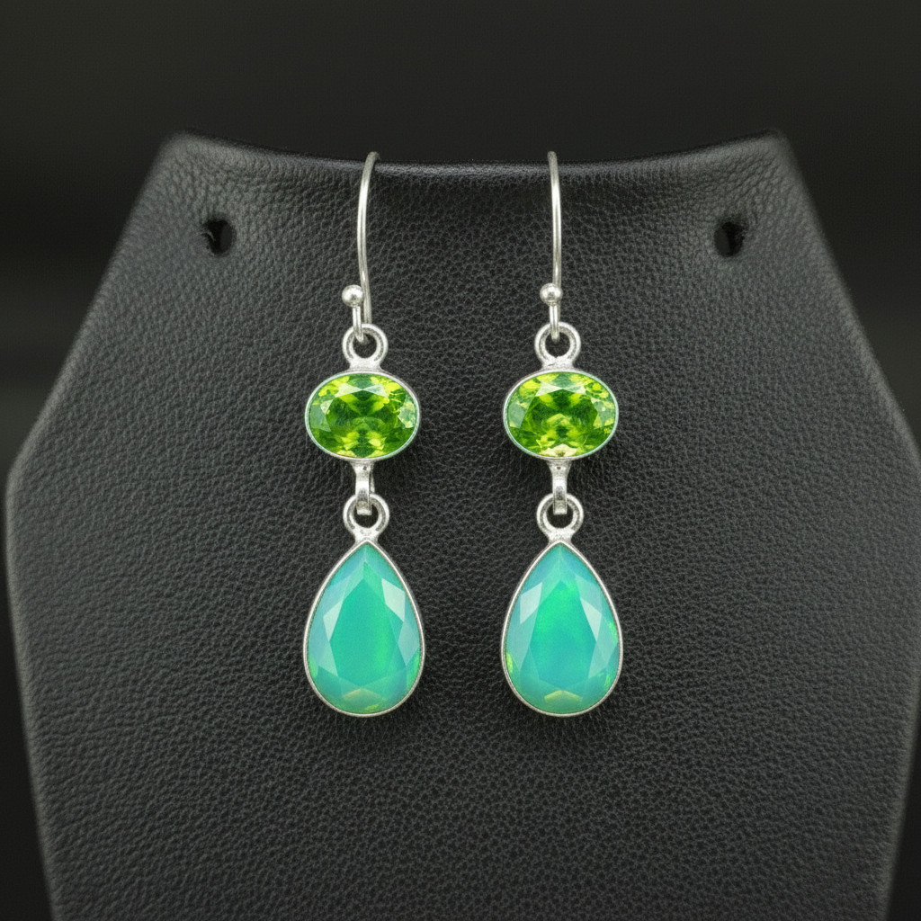 Pacific opal and Peridot Gemstone 925 sterling silver Dangle Drop Earrings 1.90″