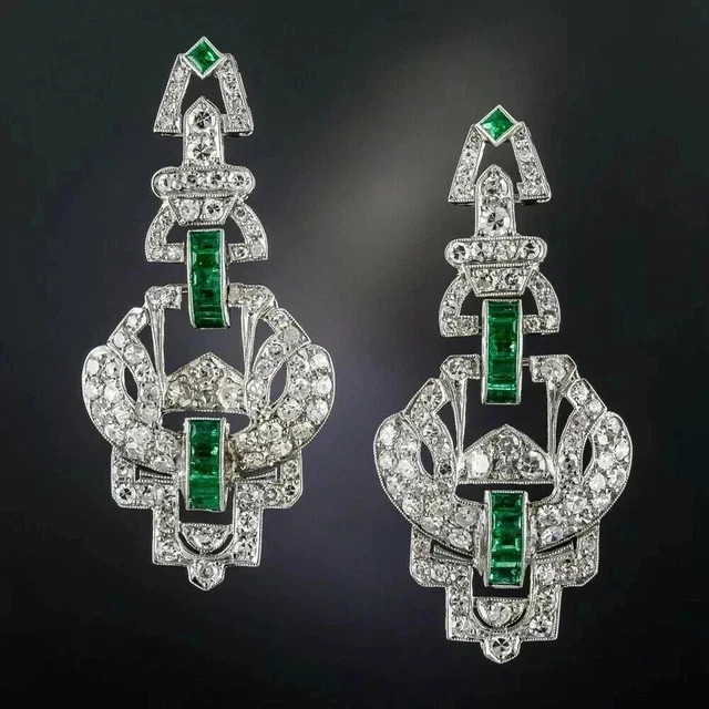 925 STERLING SILVER 2ct REAL Emerald Engagement 14K White Gold PLATED Earrings