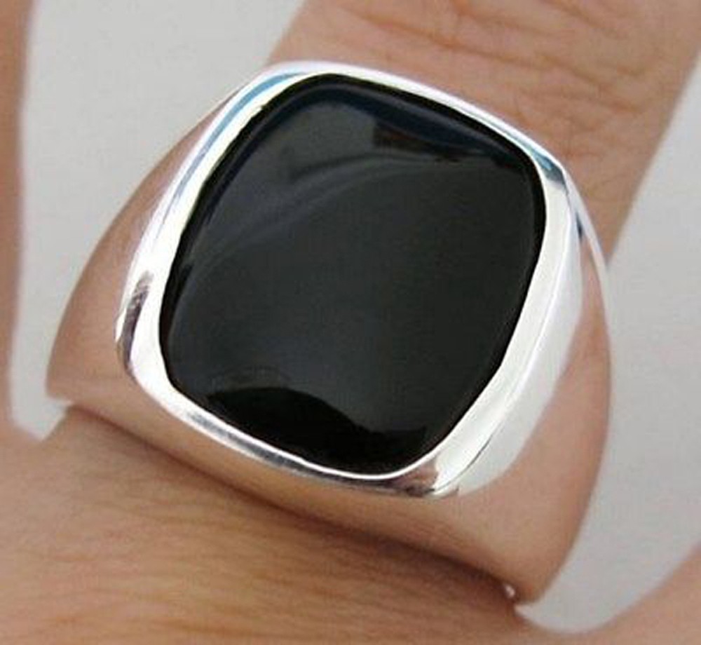 Solid 925 Sterling Silver Natural Flat Black Onyx Gemstone Signet Men’s Ring