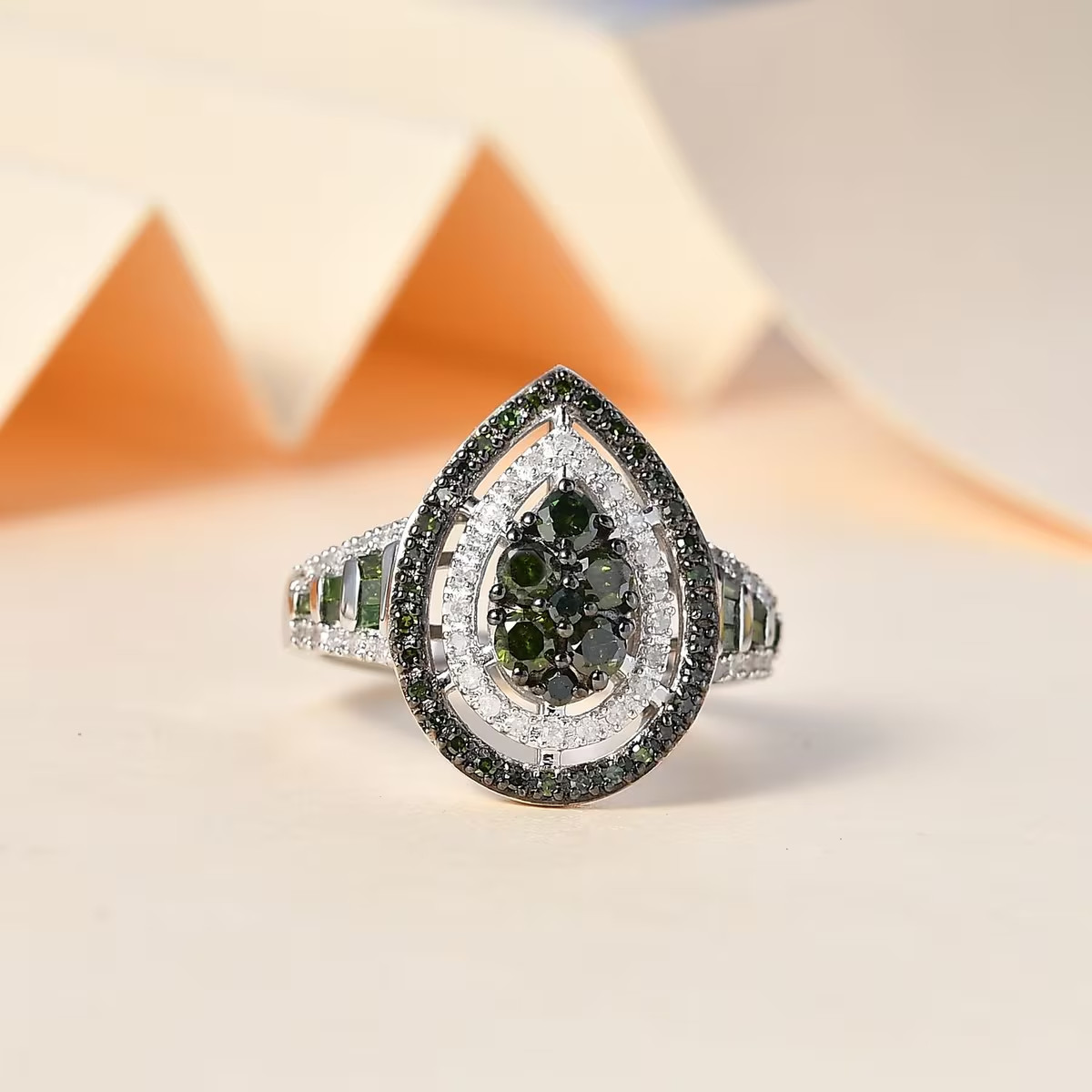 Green and White Diamond Ring in Rhodium Over Sterling Silver 1.00 ctw