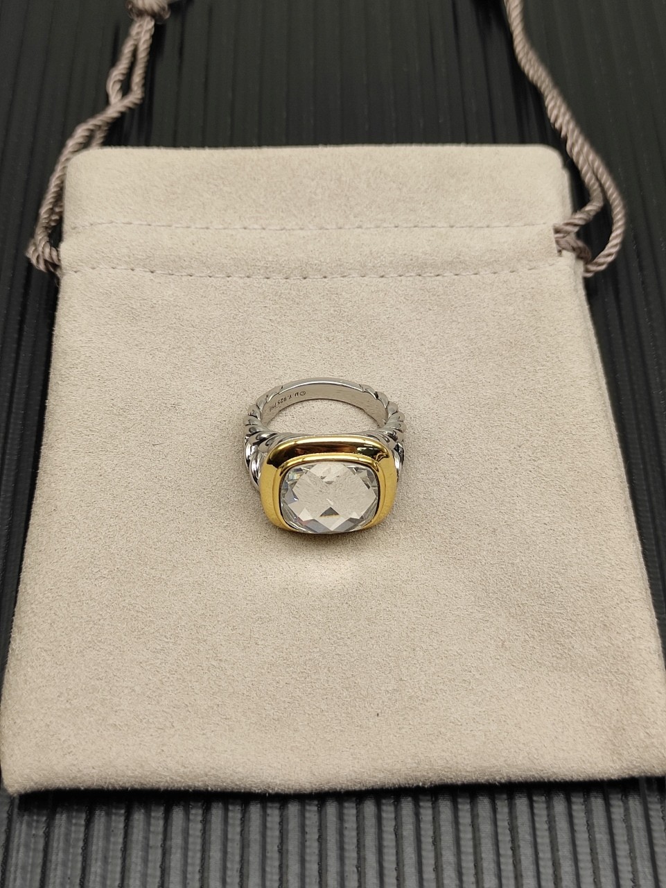 David Yurman Albion Ring Sterling Silver with 18K Gold White Diamond 15mm Size 7