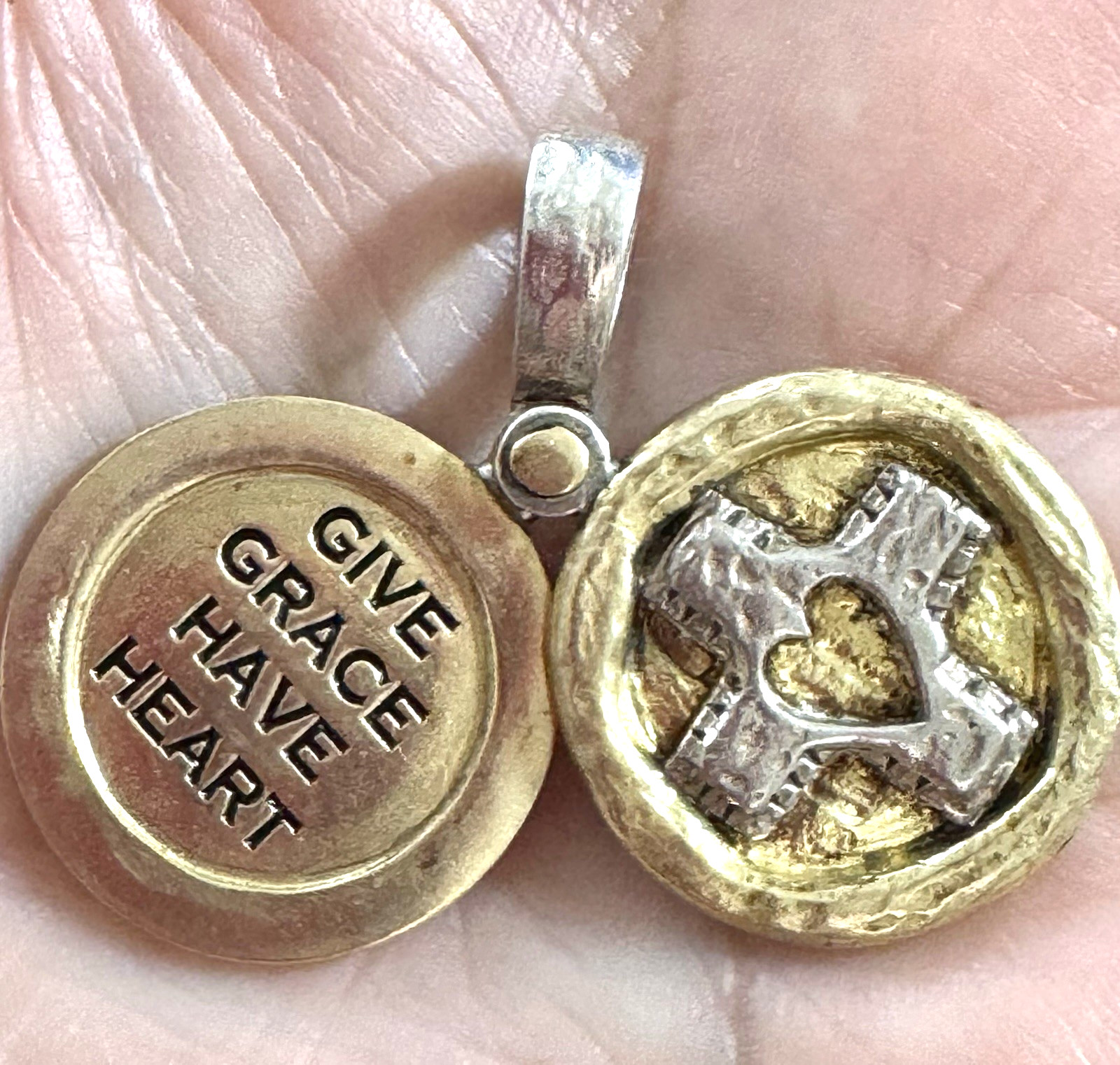GRACE & HEART, Brass and Sterling 925 Stamped Bale, Inspirational Cross and Disc
