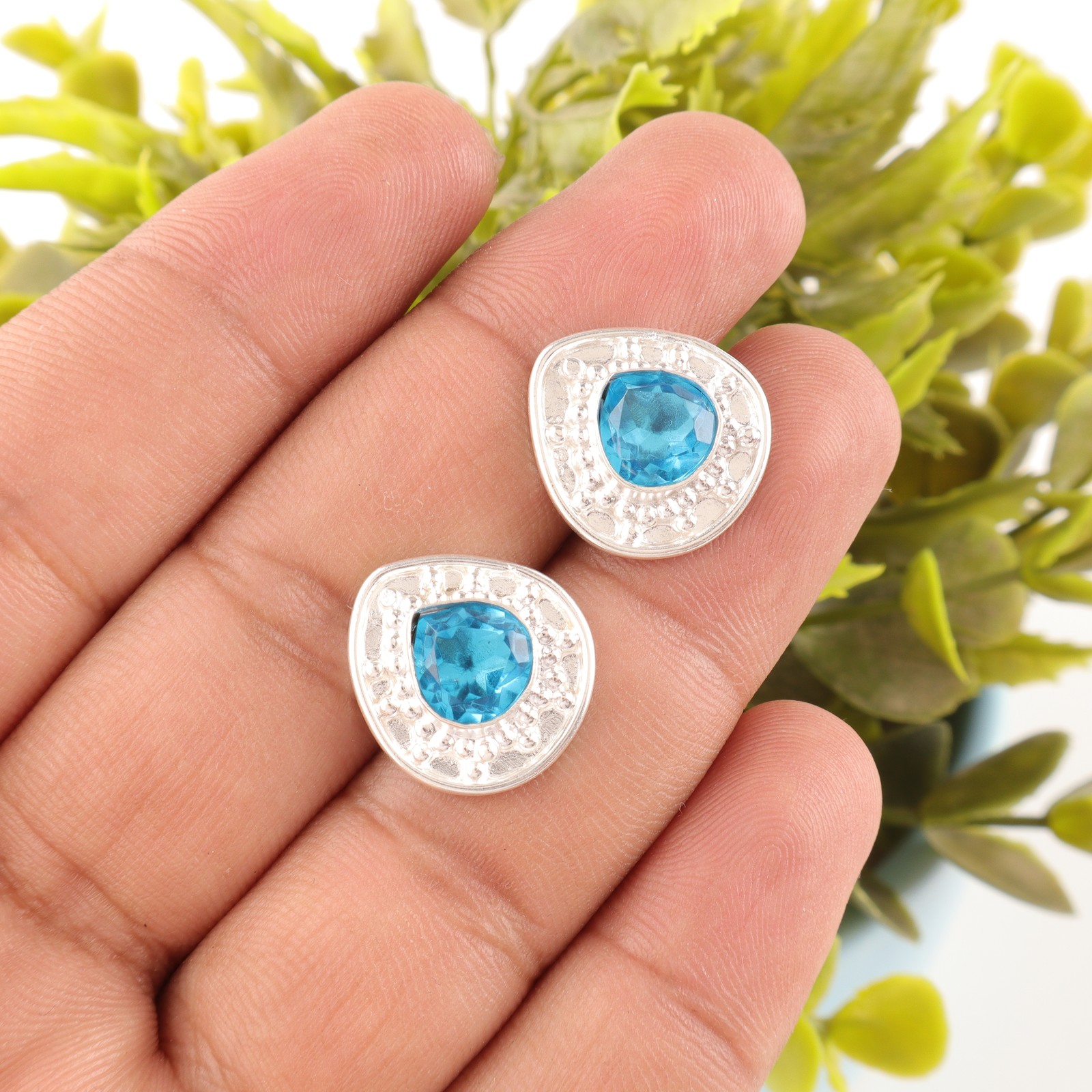 Swiss Blue Topaz Stone 925 Silver Wedding Unique Stud Trendy Earrings Jewelry