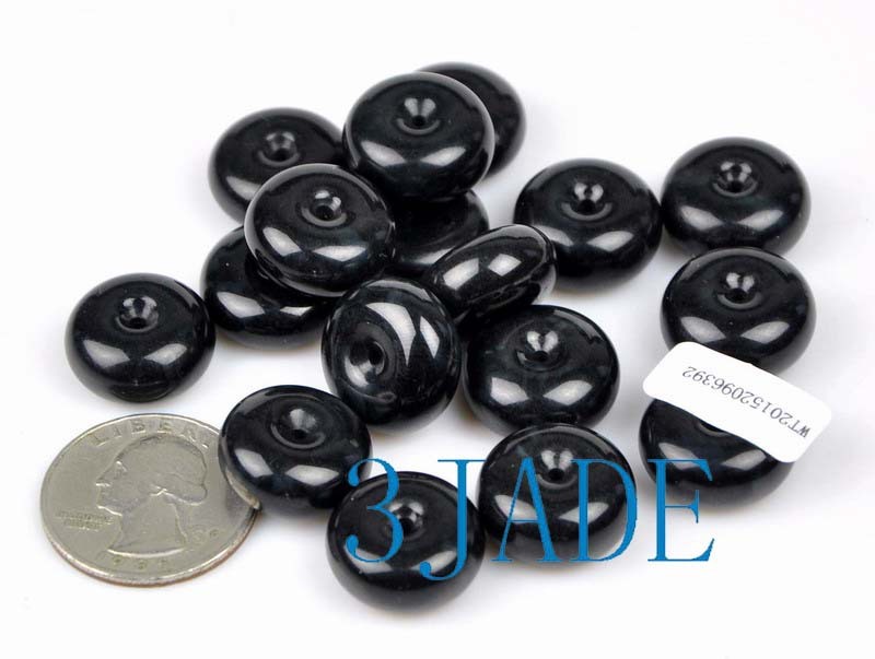 17mm Natural Black Nephrite Jade Flat Round Disc Bead /Donut Pendant certified