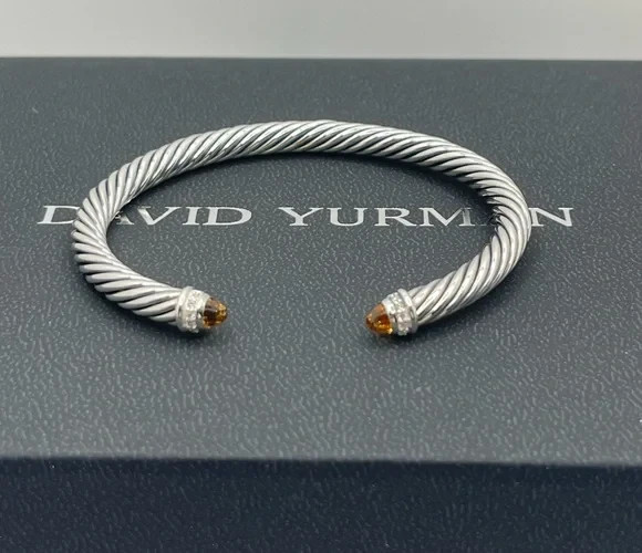 David Yurman Sterling Silver Blue Topaz and Diamonds 5mm Cable Cuff SMALL