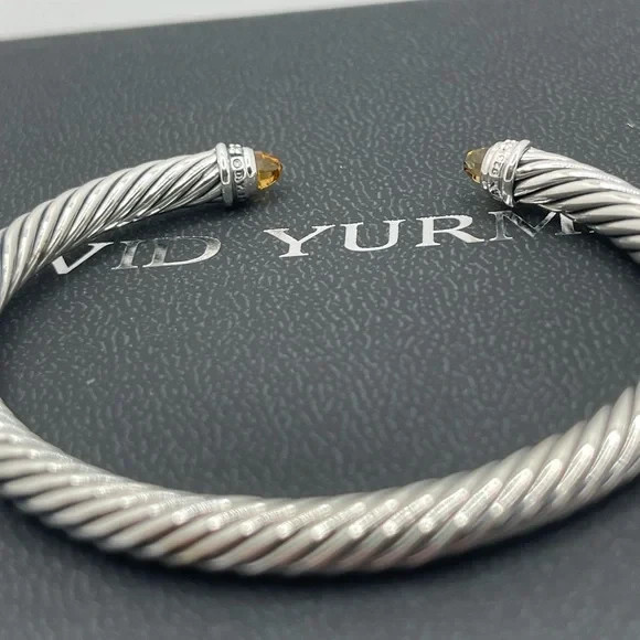 David Yurman Sterling Silver Blue Topaz and Diamonds 5mm Cable Cuff SMALL