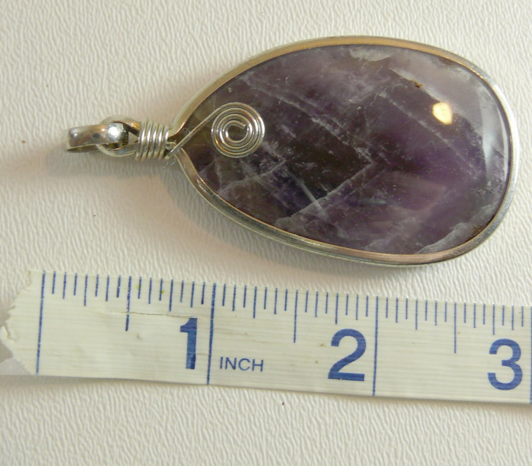 Large Teardrop Amethyst with wire wrap design chevron purple pendant silver 3″