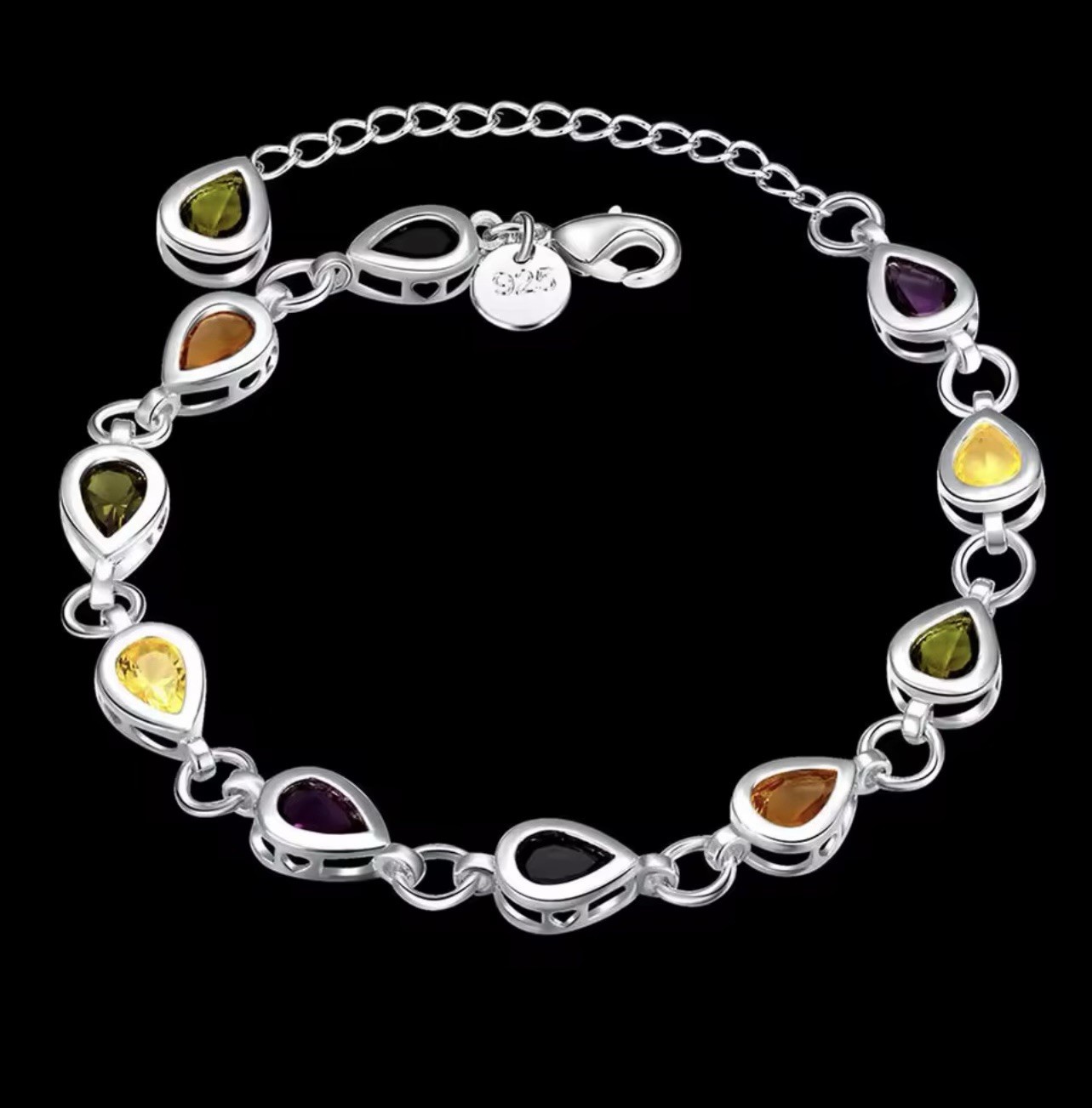 925 STERLING SILVER TRENDY MULTICOLOR CZ TEARDROP BRACELET G52