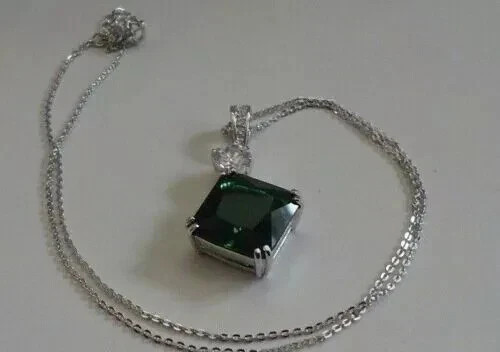 3Ct Lab Created Cushion Green Diamond Women Pendant 14K White Chain