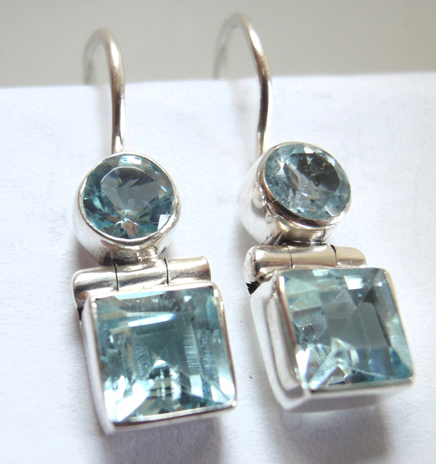 Faceted Blue Topaz 925 Sterling Silver Circle Square Wire Back Earrings