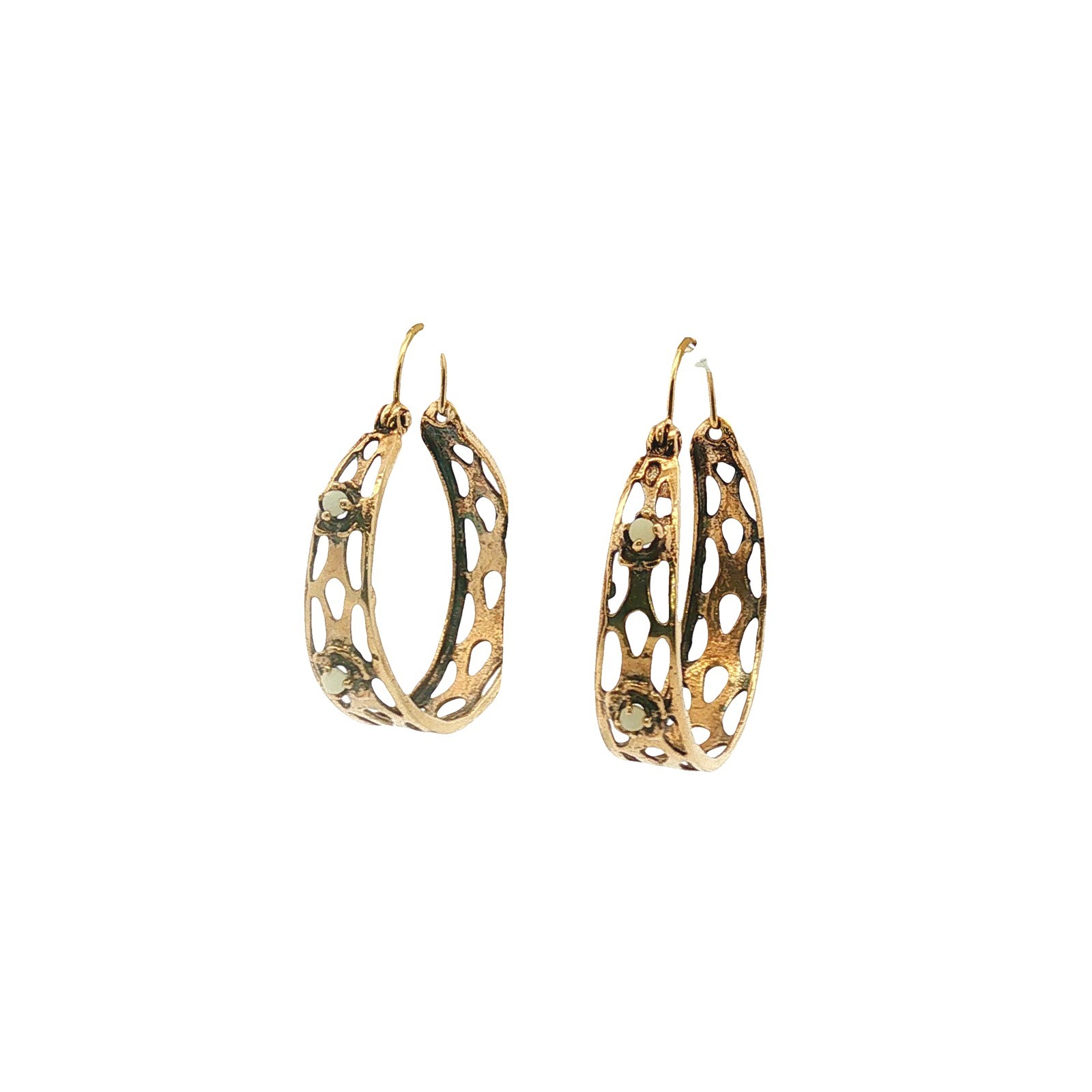 Vintage Openwork 10k Yellow Gold Hoop Earrings with Plastic Beads