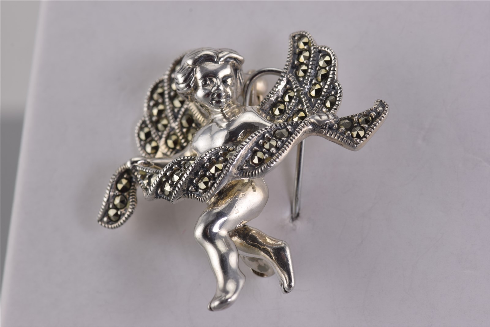 Vintage Judith Jack Sterling Silver 33mm Marcasite Angel Cherub Cupid Brooch Pin
