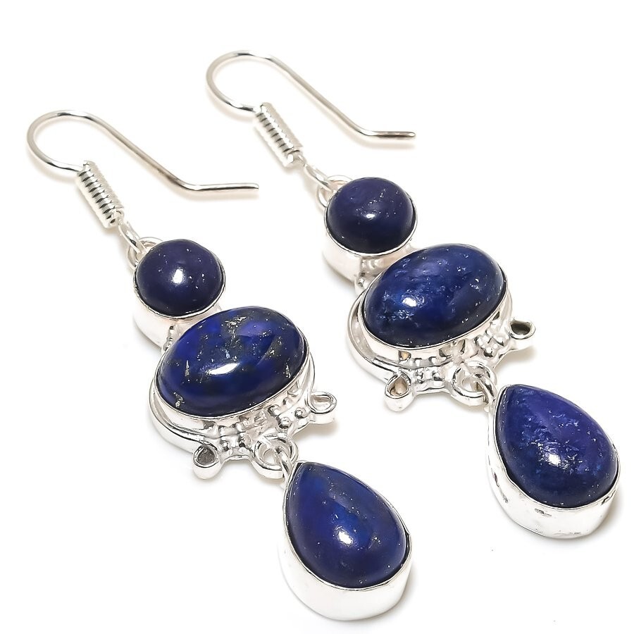 Lapis Lazuli Gemstone Handmade 925 Sterling Silver Jewelry Earrings Sz 2.40″