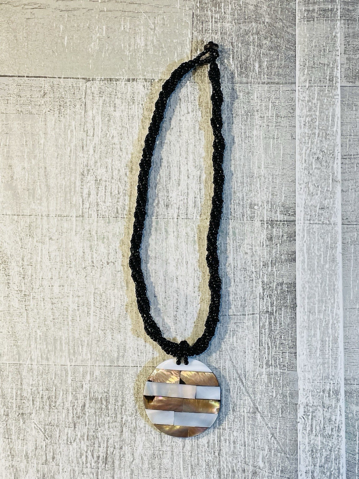 Mother Of Pearl Abalone Circular White 19” Pendant Necklace Beaded