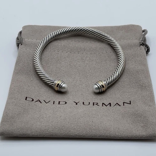 David Yurman 5mm Cable Sterling Silver Pearls and 14K Yellow Gold Bracelet