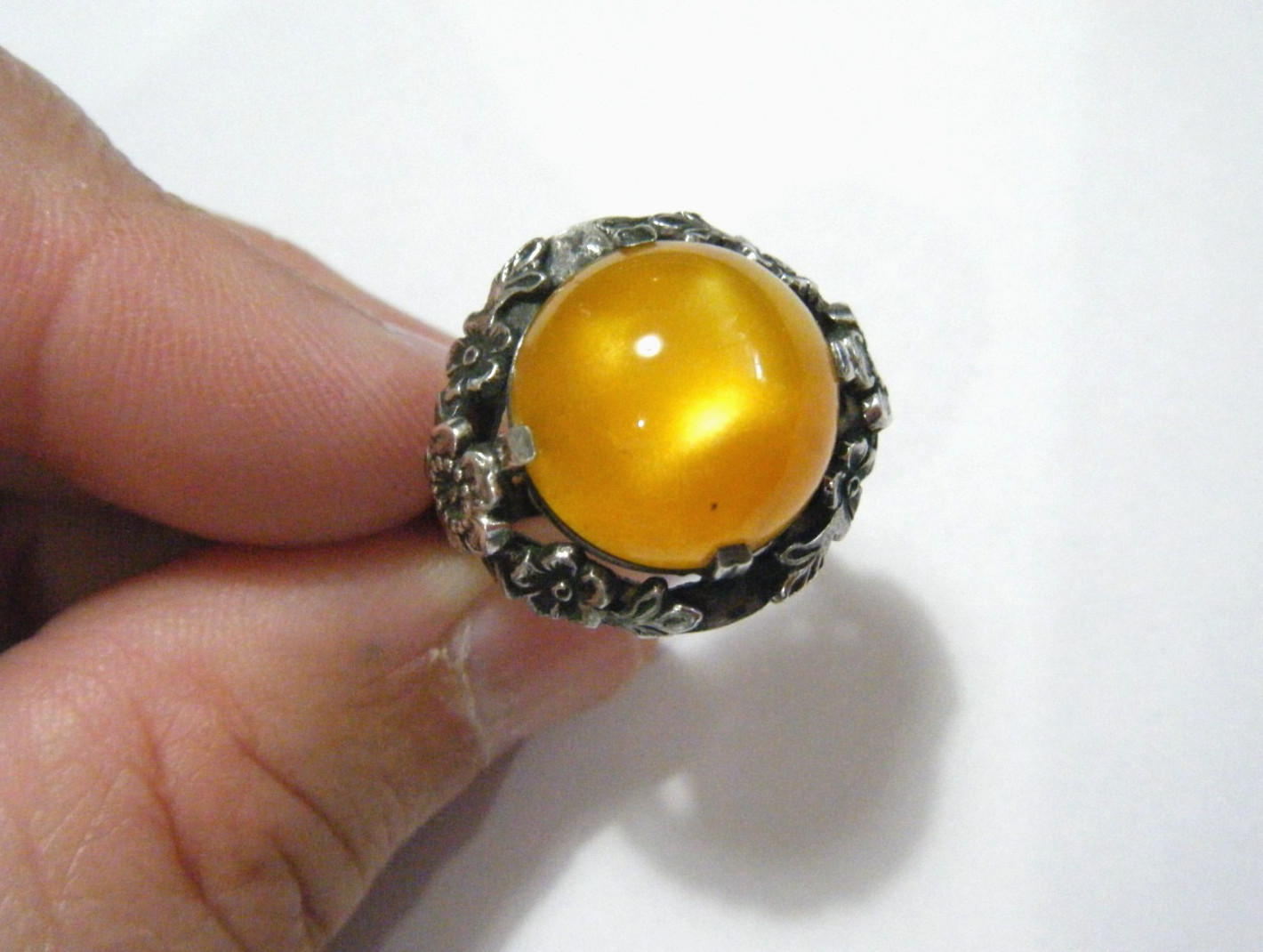Vintage Sterling Silver Adjustable Ring Large Golden Cats Eye Lucite Resin Cab