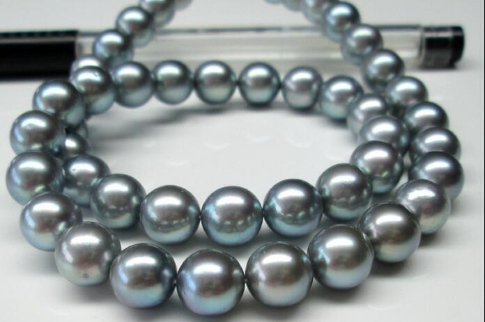 18″8-9MM Natural south sea Tahitian genuine silver gray round pearl necklace 14k