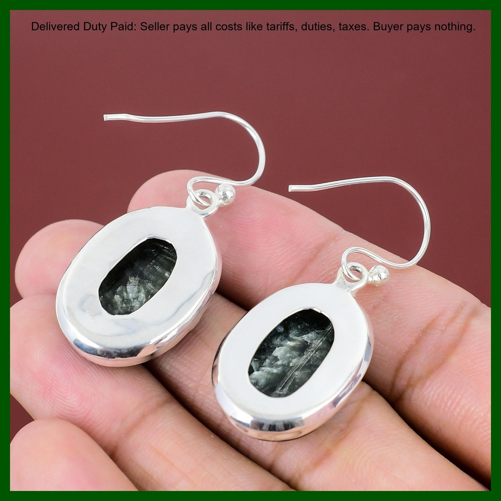 Oval Seraphinite Stone 925 Silver Birthday Hook Bezel Wedding Dangling Earrings