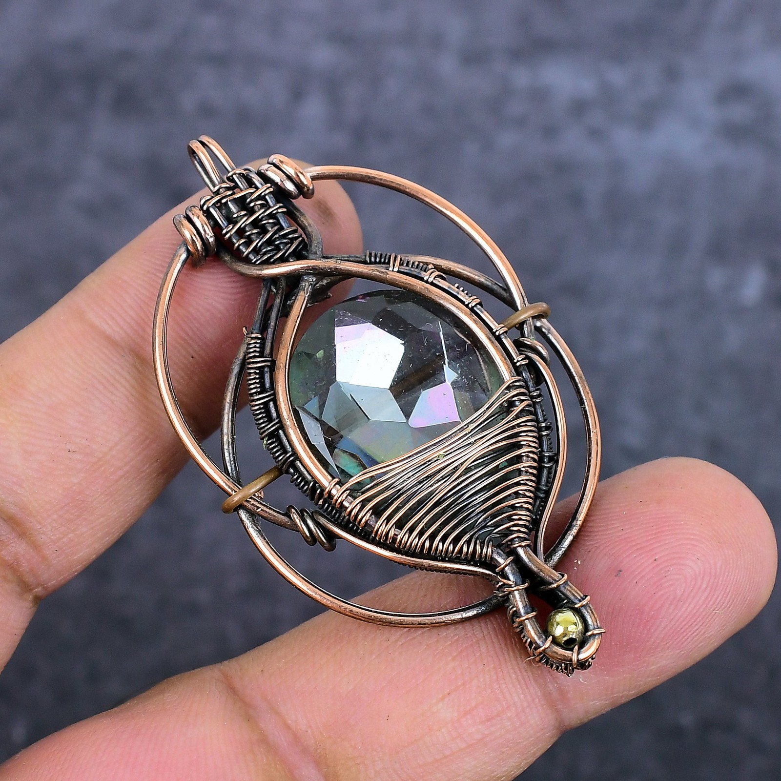 Mystic Topaz Gemstone Copper Wire Wrap Jewelry Pendant 2.21″ Gift for Her e288