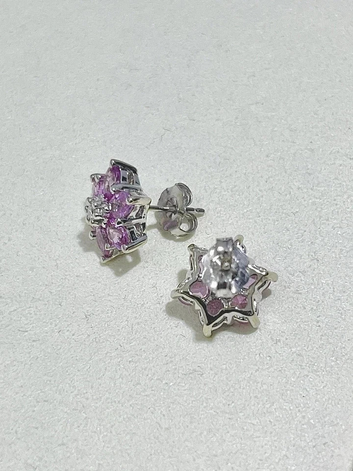 2CT Round Cut Lab Created Pink Sapphire Flower Earrings 14K White Gold Plated