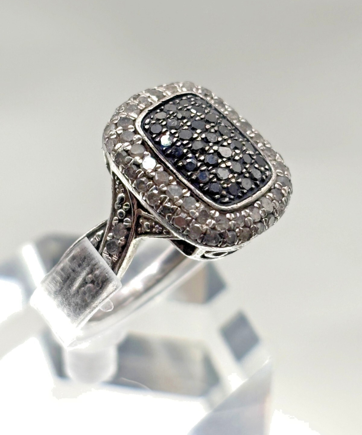 Black Diamond Ring Size 6.5 White Topaz Silver 925 Rectangle Pave Setting
