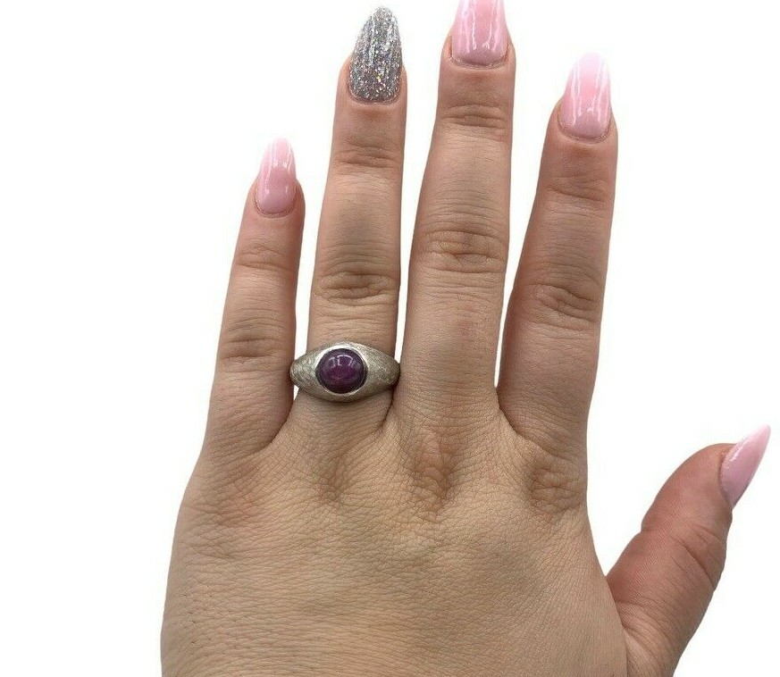 BS Round Star Ruby Asterism 14K White Gold Ring Size 10