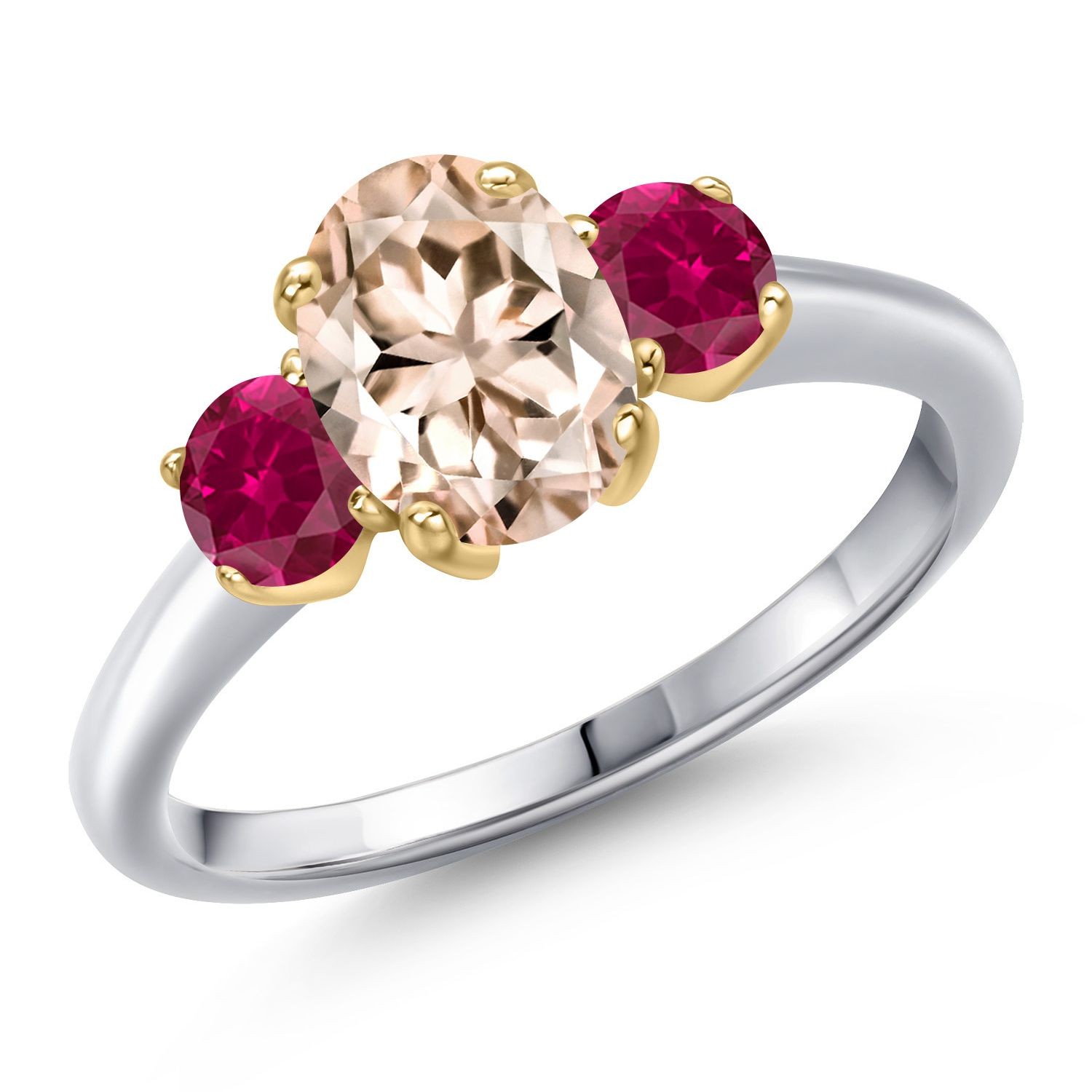 1.50 Ct Oval Peach Morganite Red Created Ruby 10K Two-Tone Gold Ring