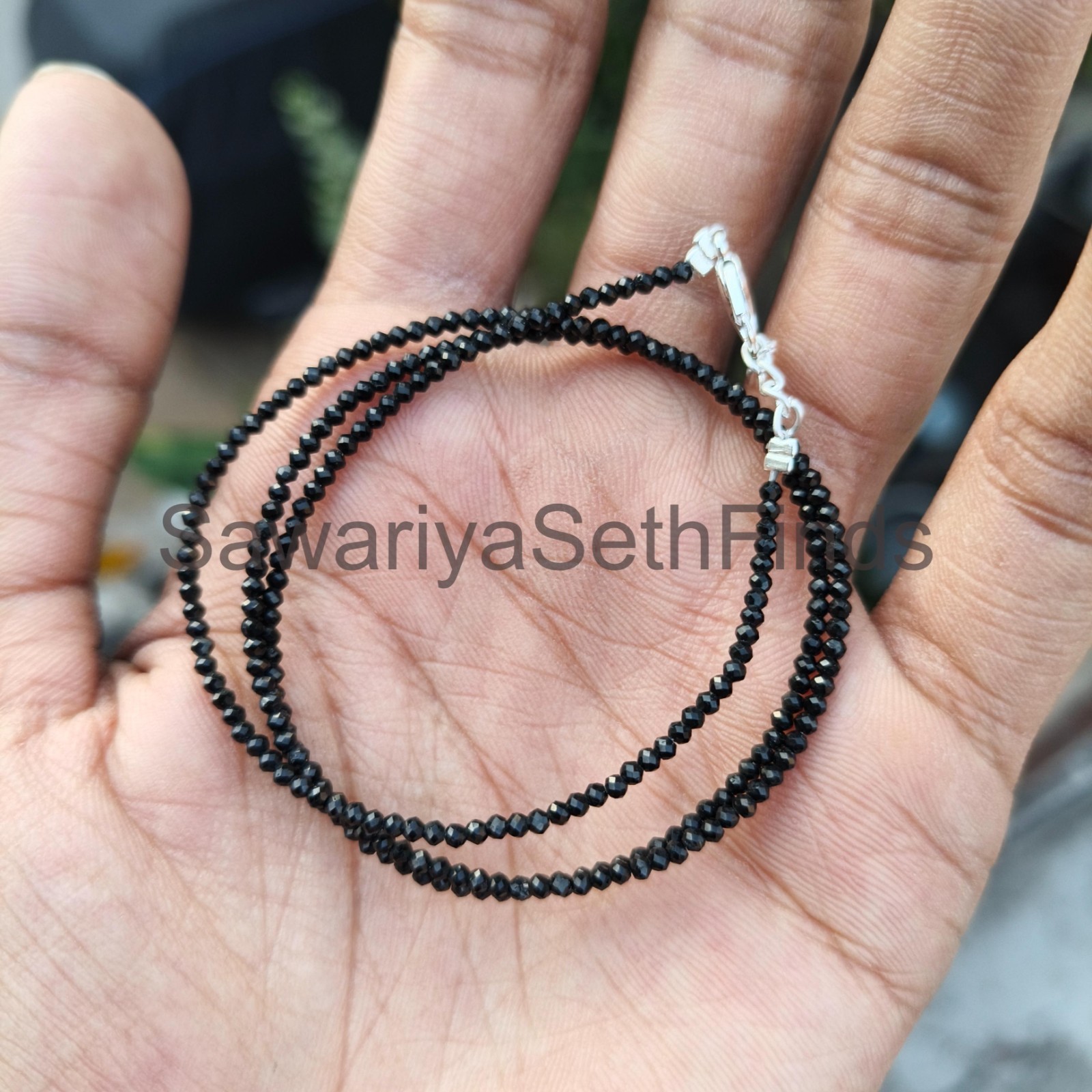 Black Spinel Rondelle Necklace, 2mm Faceted Gemstone, Sterling Silver Clasp, Min