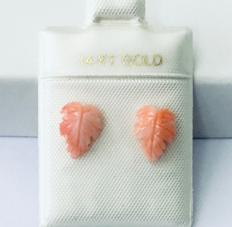 Solid 14K Gold Genuine Pink Coral Hand Carved Leaf Stud Earrings NEW